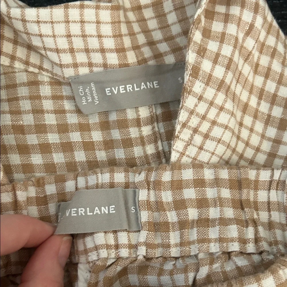 Everlane Women’s Linen Beige Gingham Set - Short Sleeve Button Down Top & Shorts